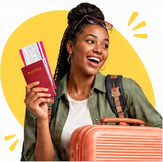 Voyageuse souriante tenant son passeport et ses billets, avec sa valise